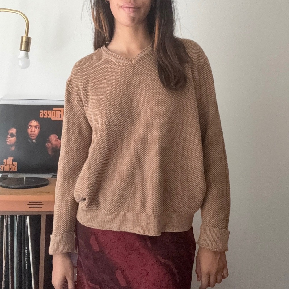 Tasso Elba Tan V Neck Textured Cotton Sweater Size L